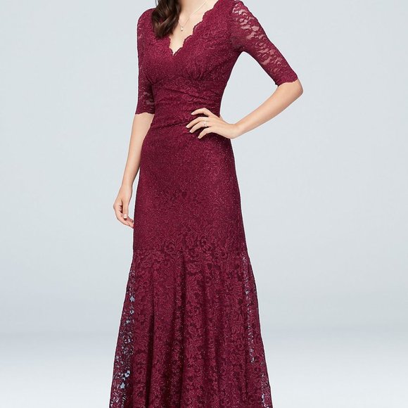 Night Way Collections Dresses & Skirts - Price drop! V-Neck Ruched Lace Mermaid Gown with 3/4 Sleeves Women's Size 20